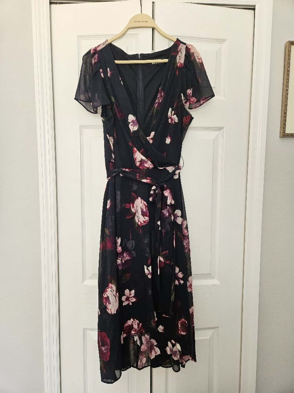 Purple Midi V-Neck Dress with Magenta Floral Print - Waist Tie and Zippered Back